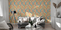 Living room with grey sofa and Rectangle and Rounded Mid Century Vintage Wall mural.