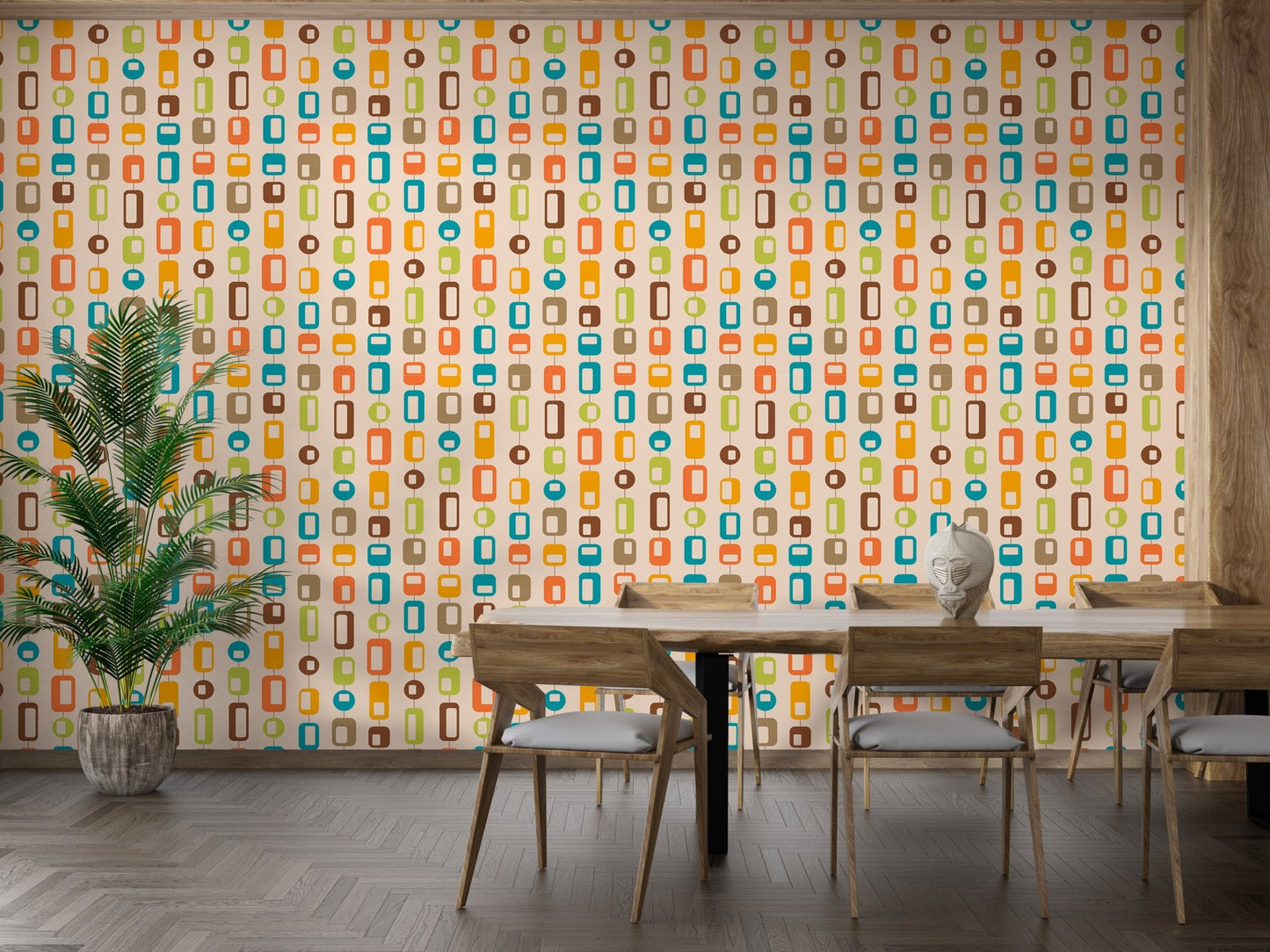 Dining area with wooden furniture and geometric vintage wall mural