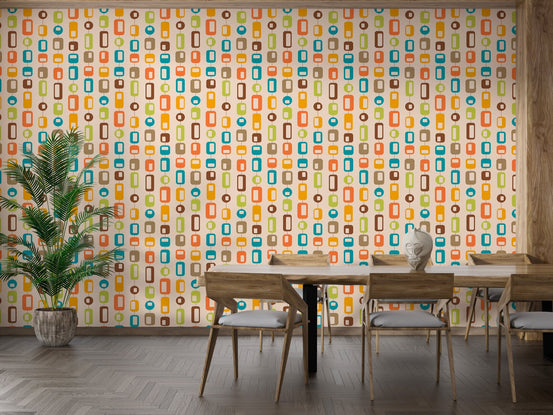 Dining area with wooden furniture and geometric vintage wall mural