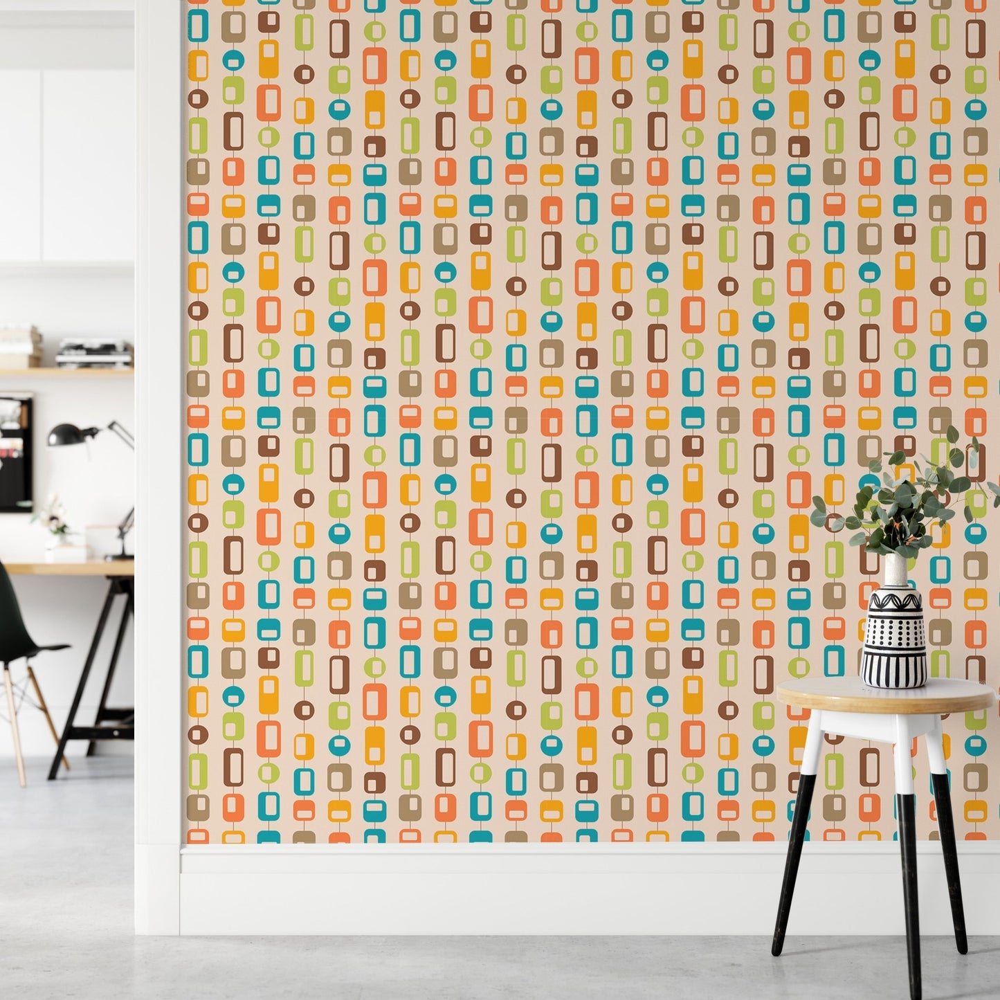 Vase display with retro mid century wall mural in hallway.