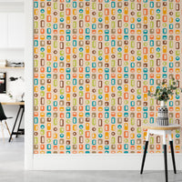 Vase display with retro mid century wall mural in hallway.
