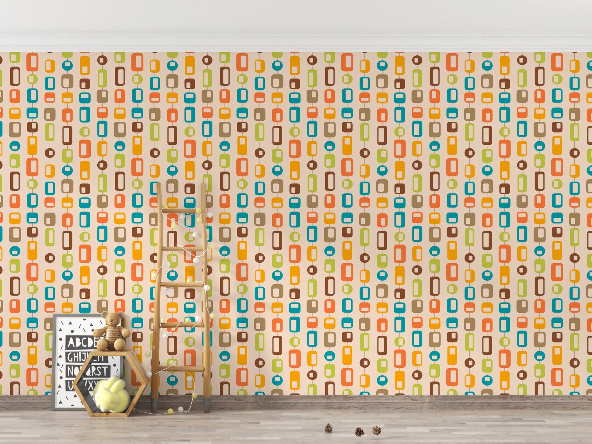 kids space featuring teal and orange rectangle pattern wall mural.