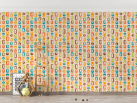 kids space featuring teal and orange rectangle pattern wall mural.