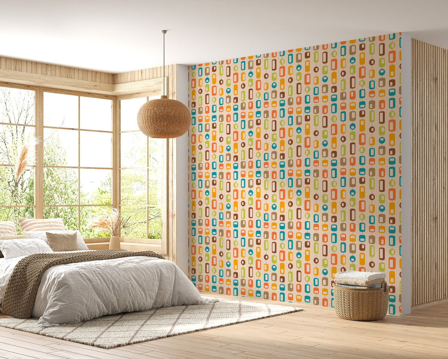 Bedroom accent wall featuring Rectangle and Rounded Mid Century Vintage mural.