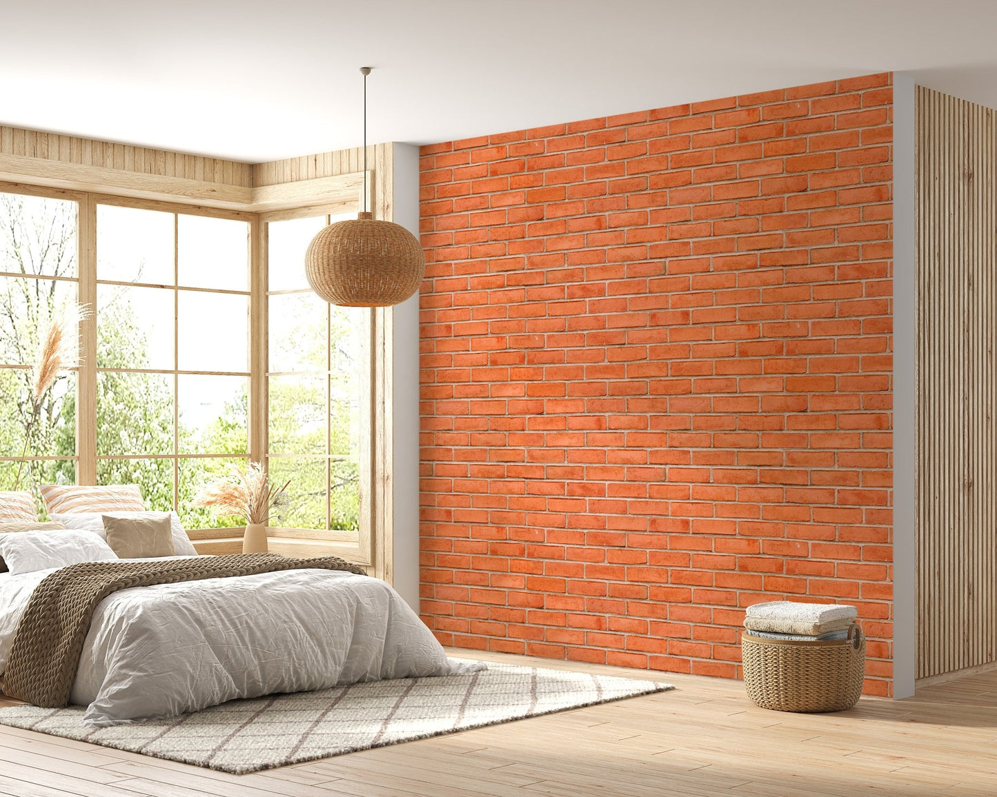 Modern bedroom featuring a red brick wallpaper and a large window.