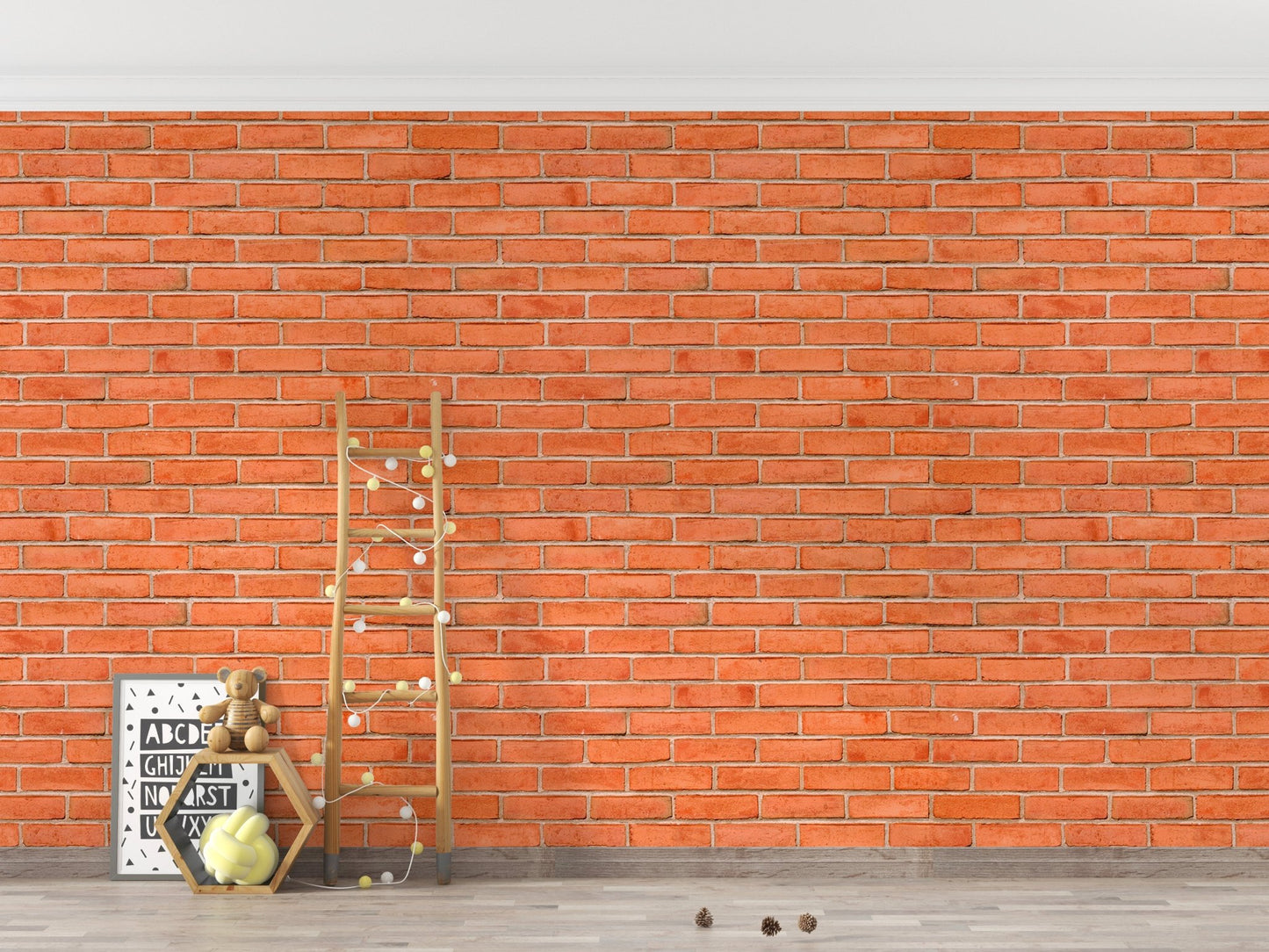 Rustic red brick wallpaper behind a gold towel rack and grey floor.