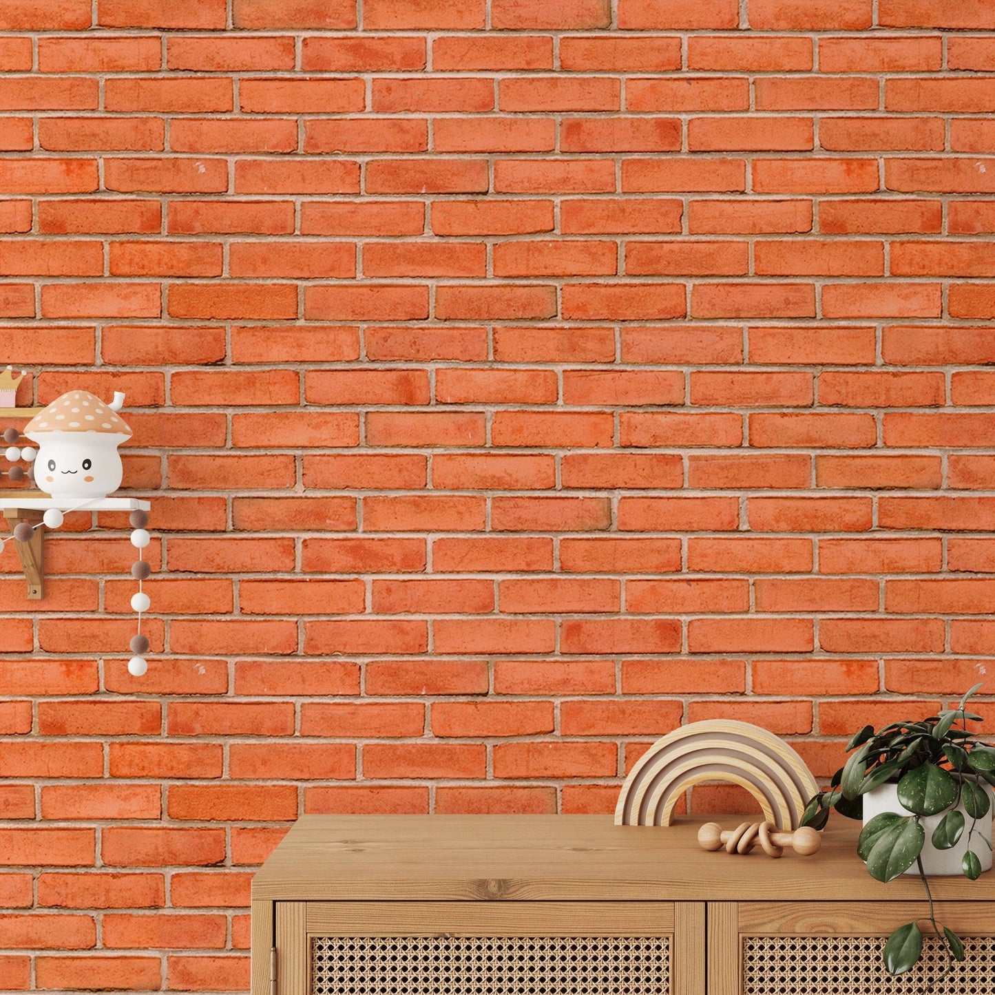 Red Color Brick Background Texture Self Adhesive Wallpaper behind a wooden cabinet.