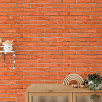 Red Color Brick Background Texture Self Adhesive Wallpaper behind a wooden cabinet.