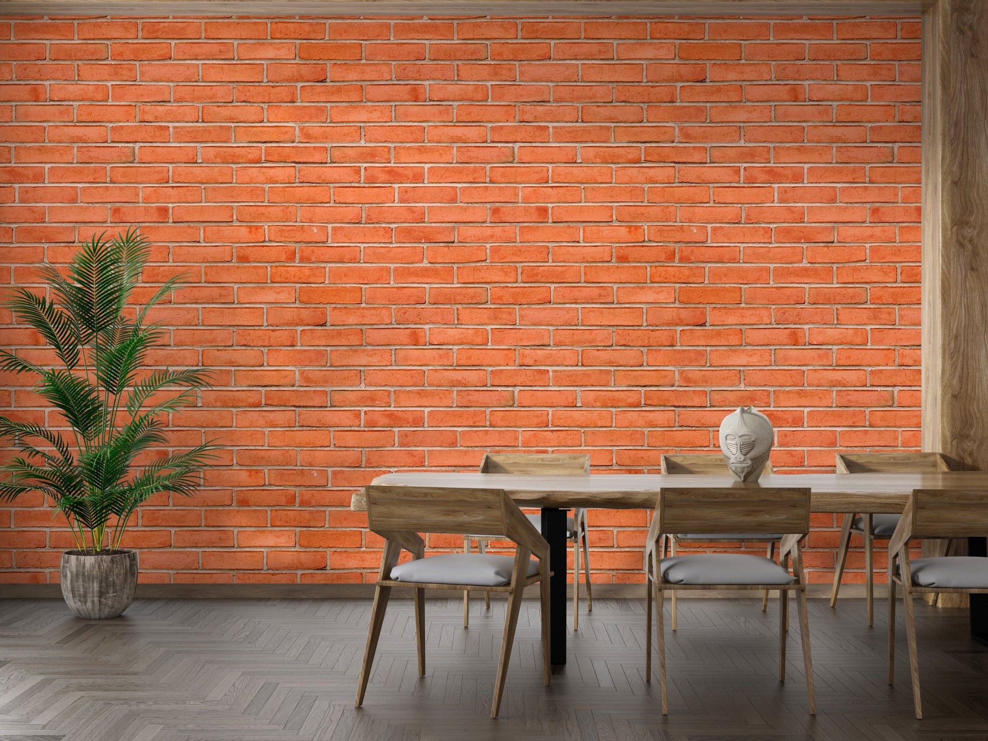 Red Color Brick Background Texture Self Adhesive Wallpaper in a dining room.