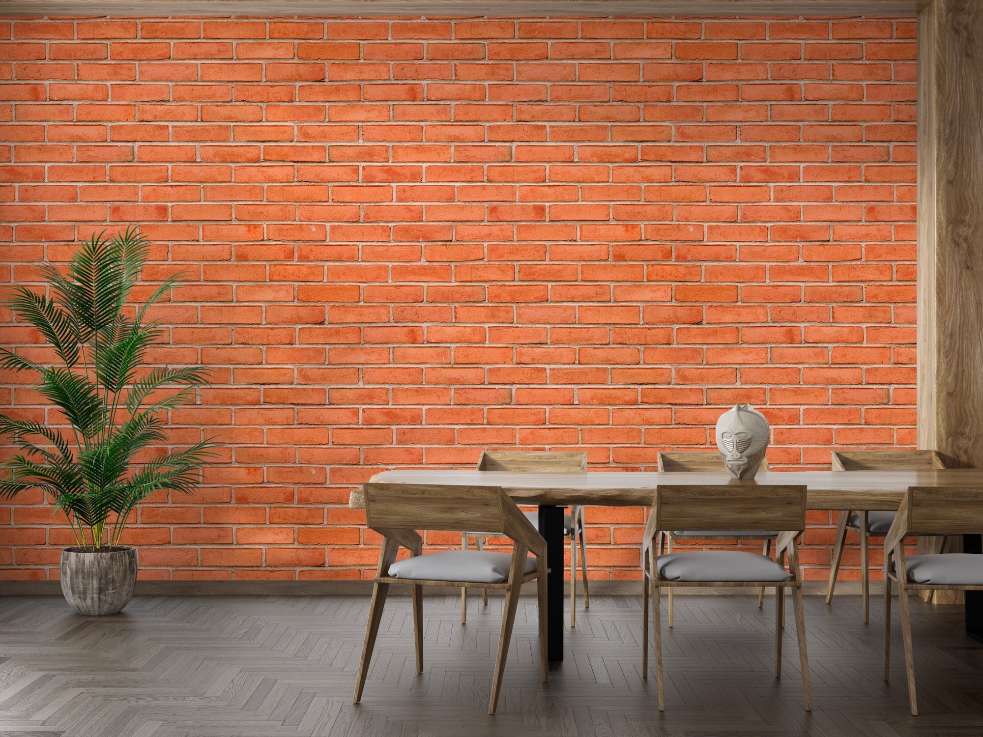 Red Color Brick Background Texture Self Adhesive Wallpaper in a dining room.