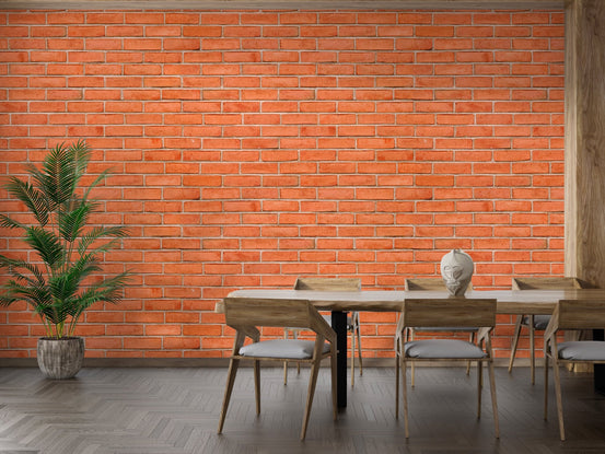 Red Color Brick Background Texture Self Adhesive Wallpaper in a dining room.