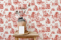 Wallpaper with red scenic illustrations in a room with natural light.