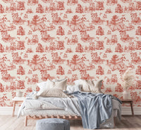 Red color seamless pattern chinoiserie style wallpaper in a bedroom with white bedding.