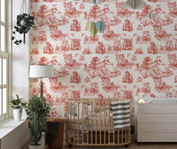 Nursery wallpaper featuring red vintage landscape patterns and a wooden crib.