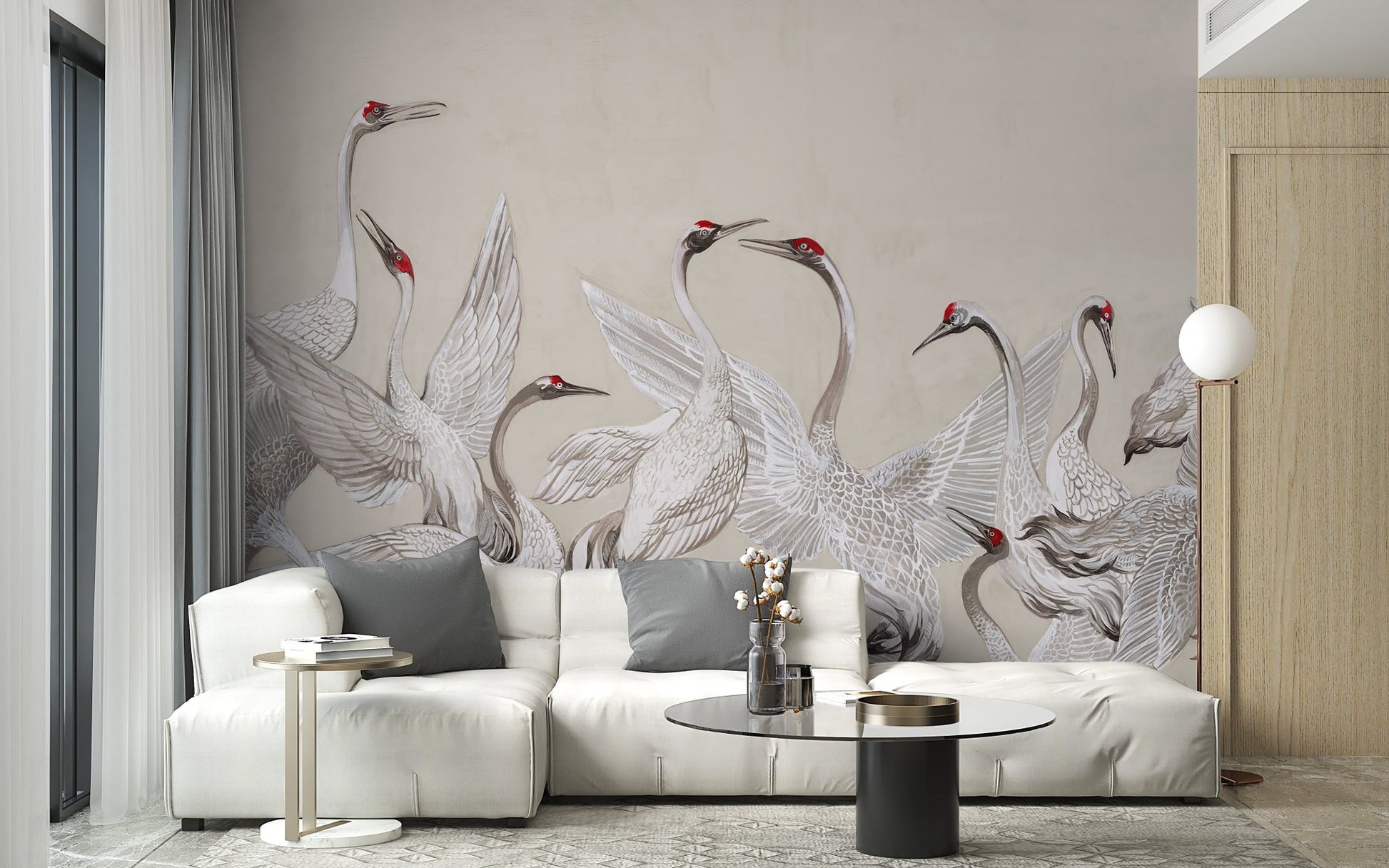 Red Crowned Cranes Dance Mural - Wallanza
