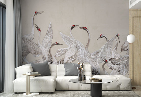 Decorative crane wallpaper mural with calm neutral color.