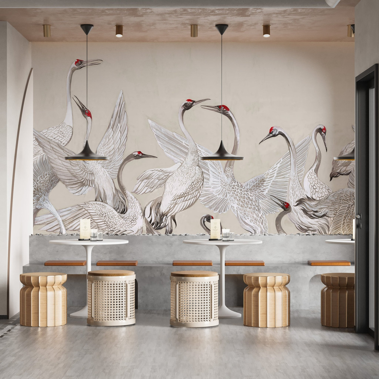 Red Crowned Cranes Dance Mural - Wallanza