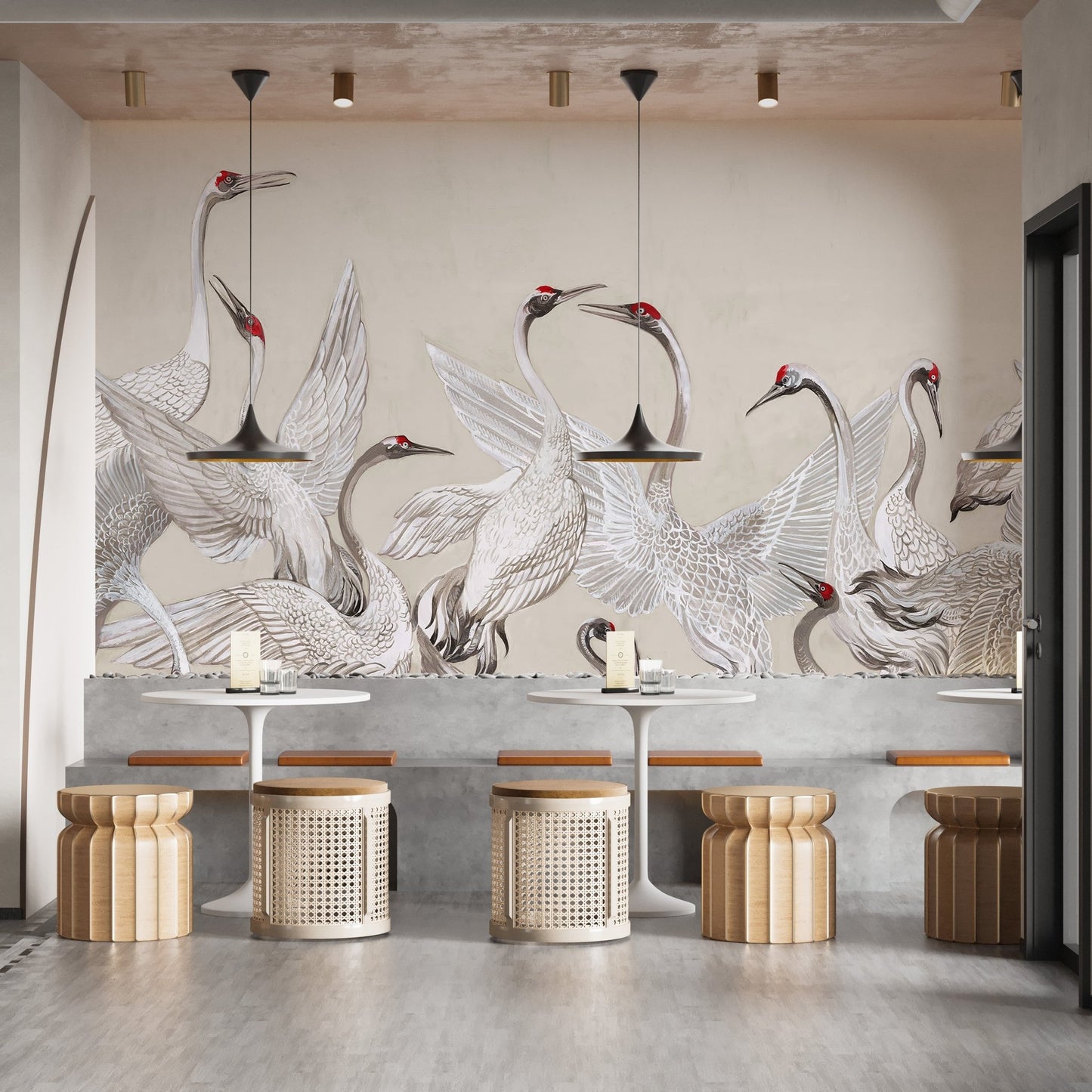 Red Crowned Cranes Dance Mural - Wallanza