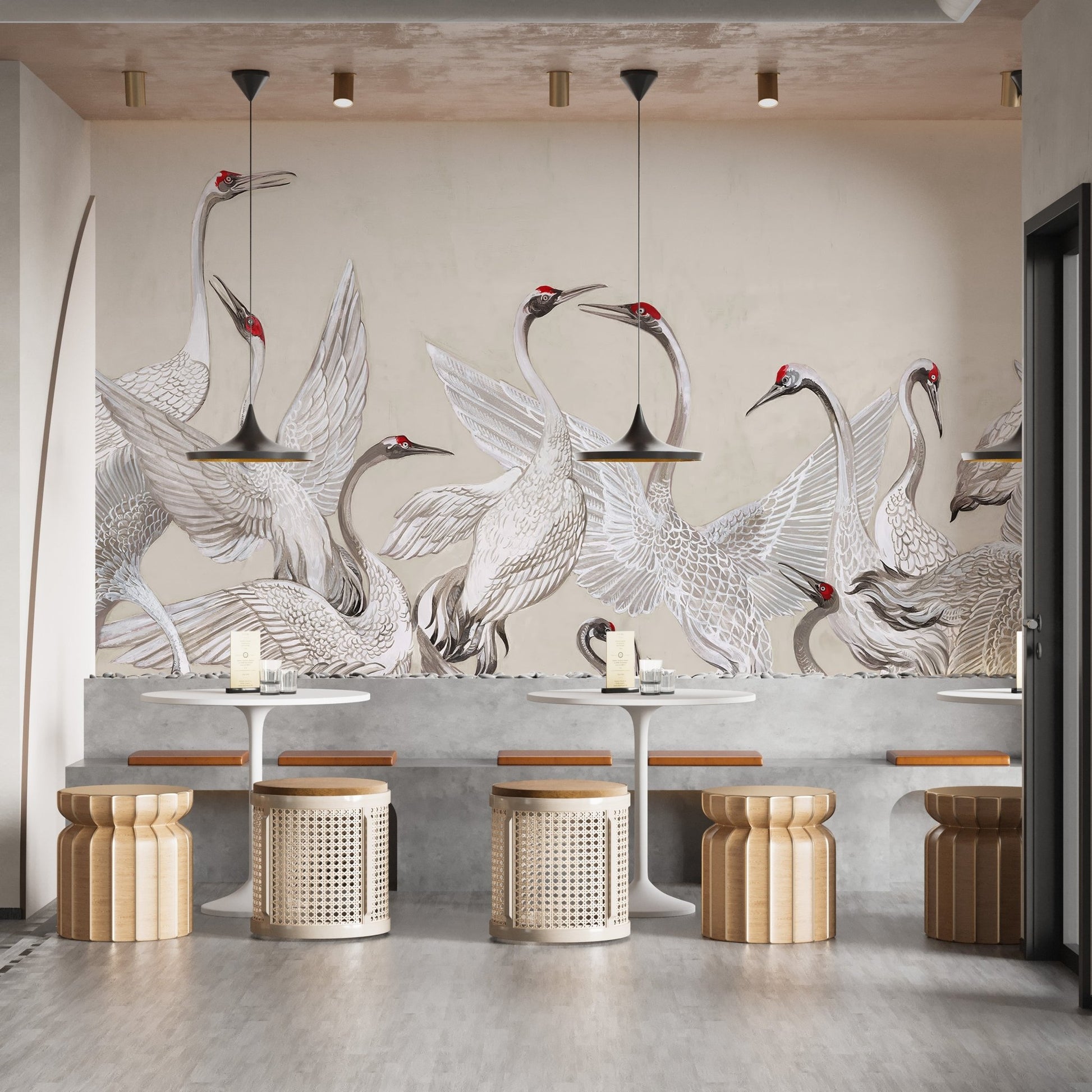 Red Crowned Cranes Dance Mural - Wallanza