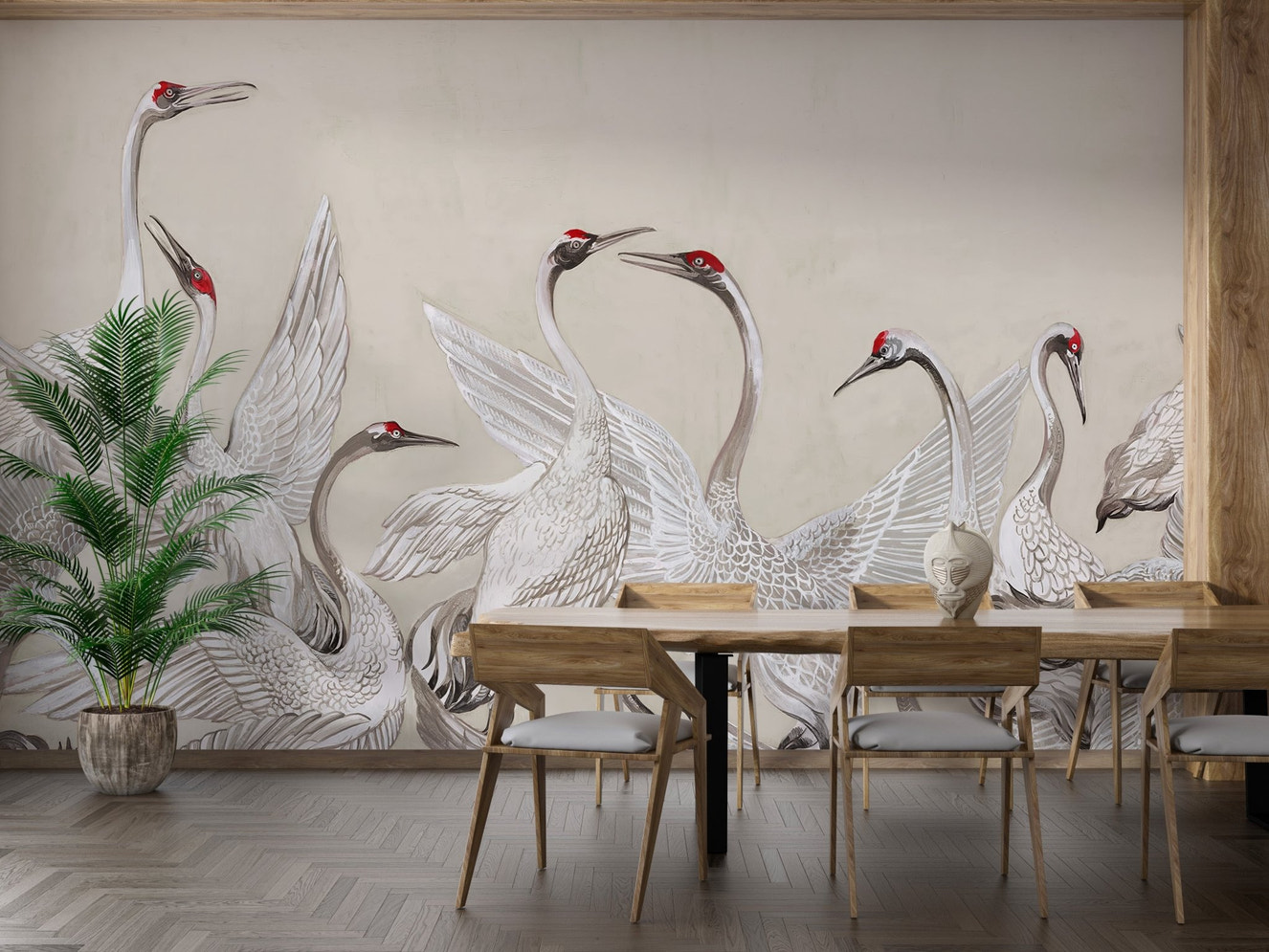 Oriental inspired crane wall mural wallpaper with subtle tones.