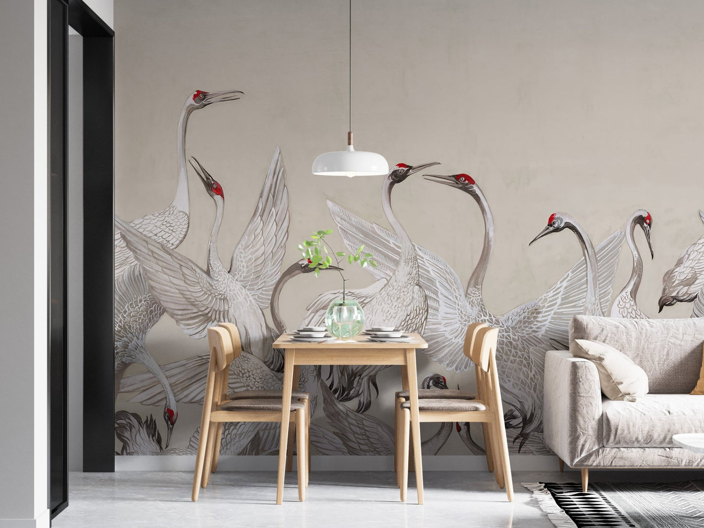 Red Crowned Cranes Dance Mural - Wallanza