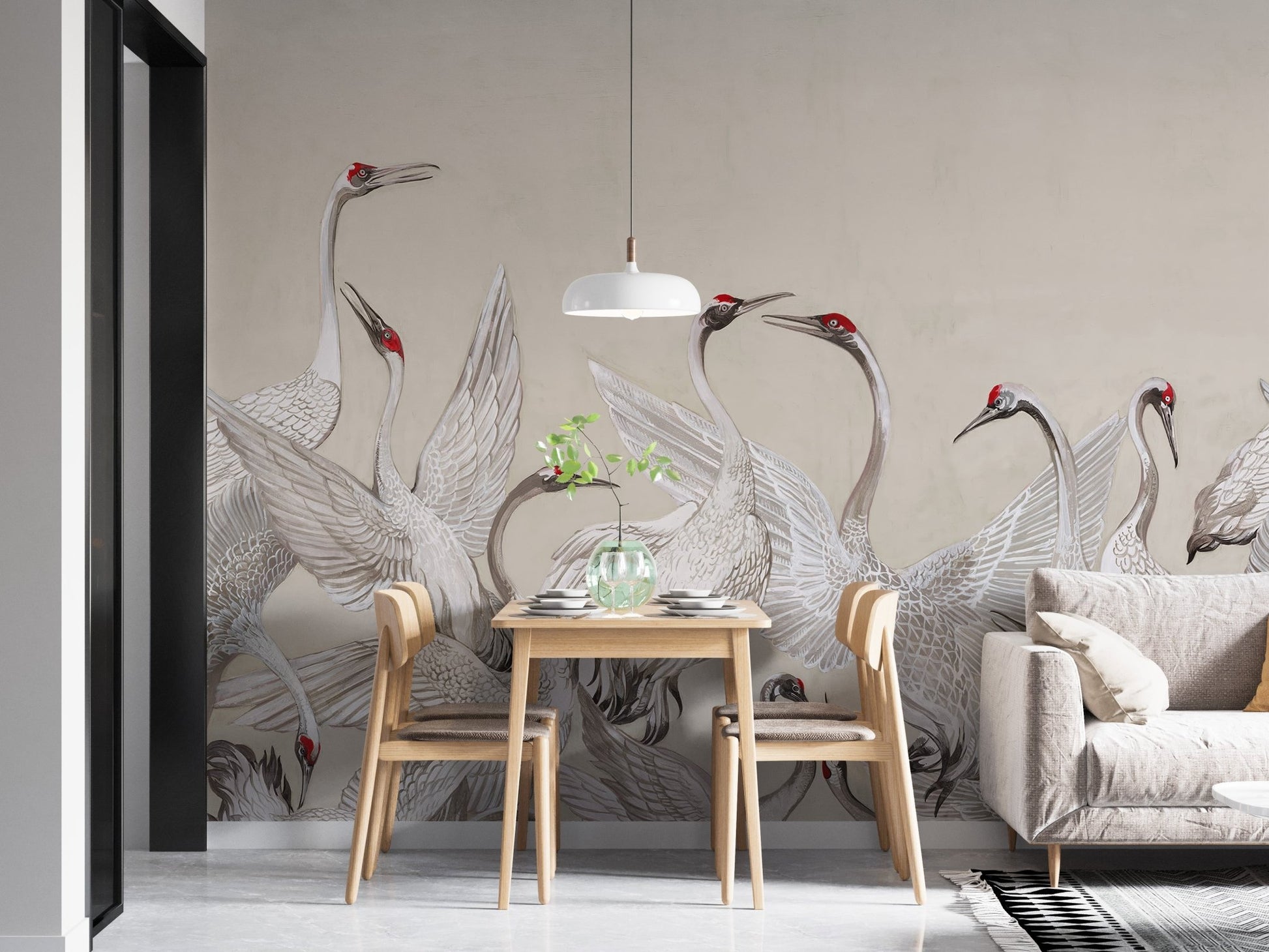Red Crowned Cranes Dance Mural - Wallanza
