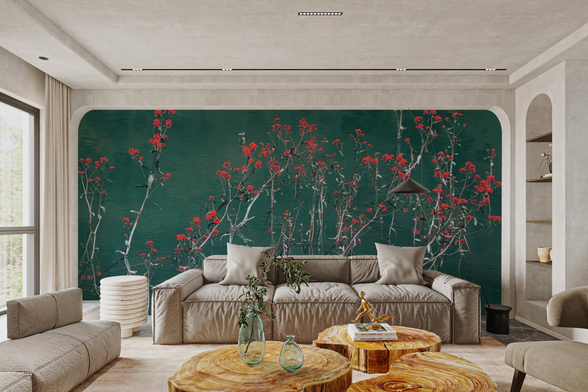 Crimson botanical stalks reflecting on a calm lake wallpaper.