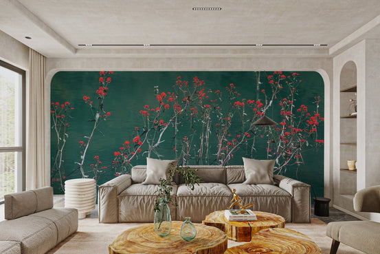 Crimson botanical stalks reflecting on a calm lake wallpaper.