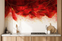 Kitchen backsplash area featuring red watercolor golden shiny border wall mural.