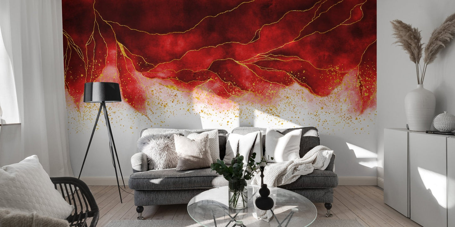Contemporary sofa set against a bold red and gold wall mural.