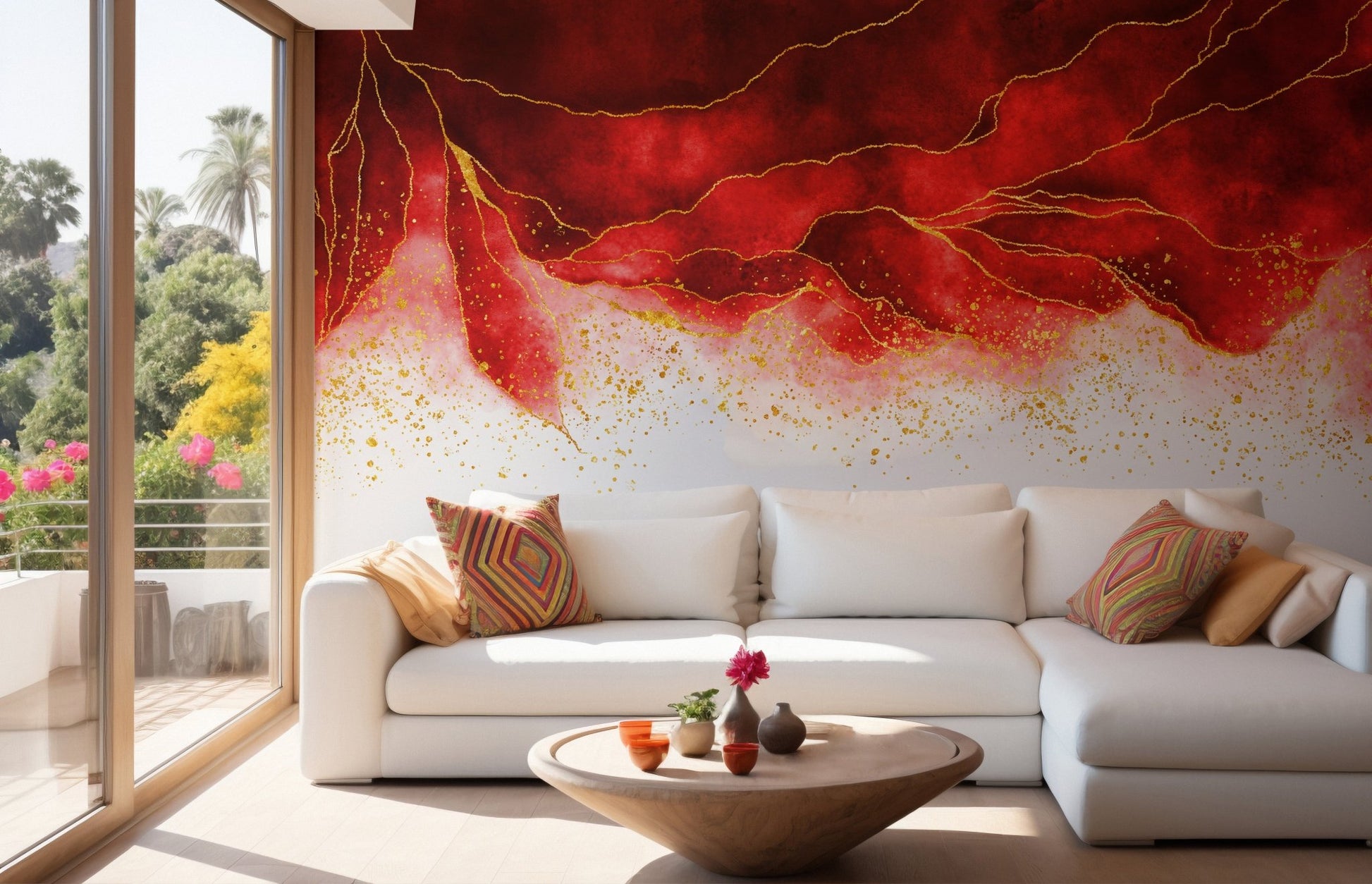 Bright apartment living room with red watercolor golden shiny border wall mural.
