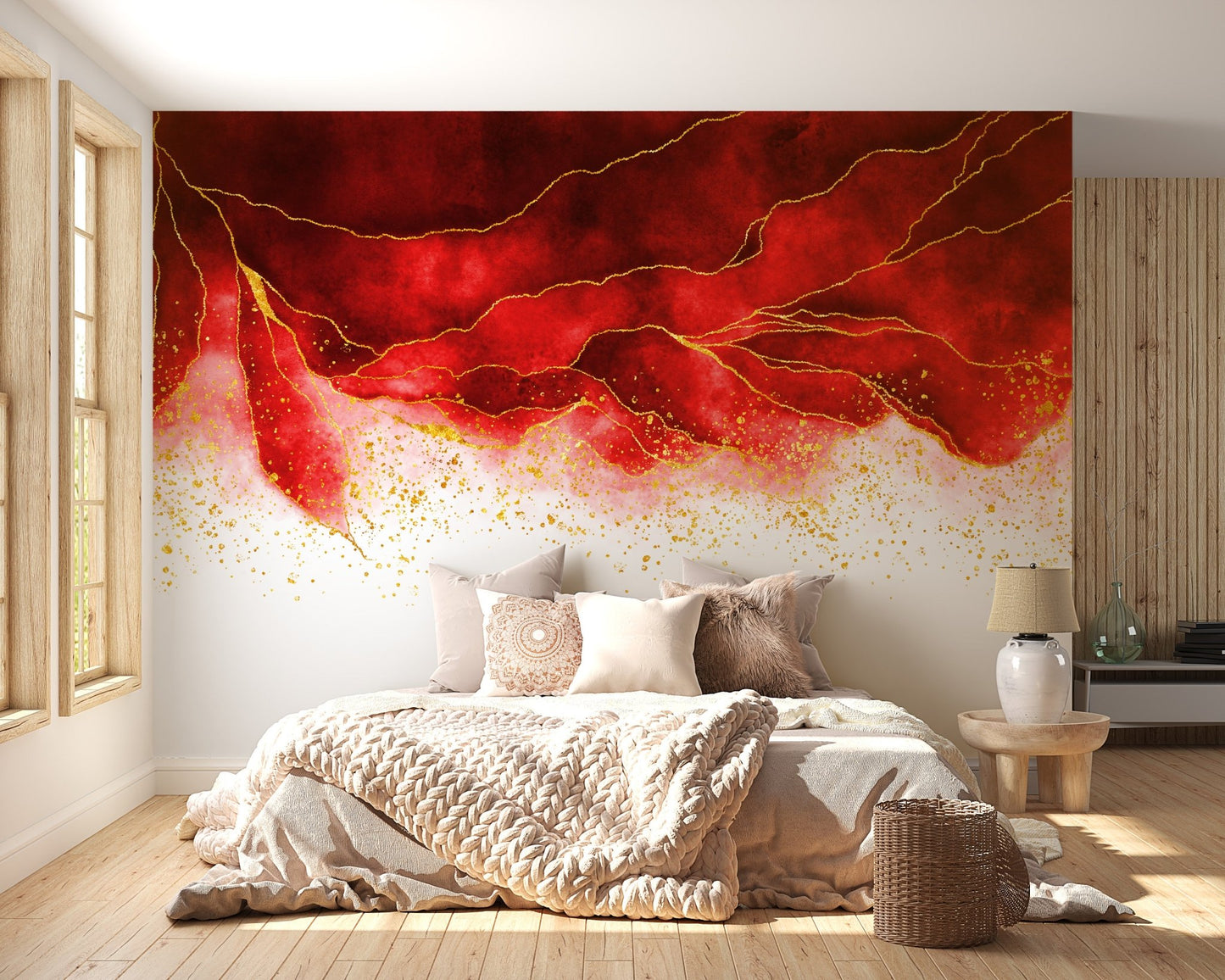 Neutral bed linens paired with a red and gold abstract wall mural.