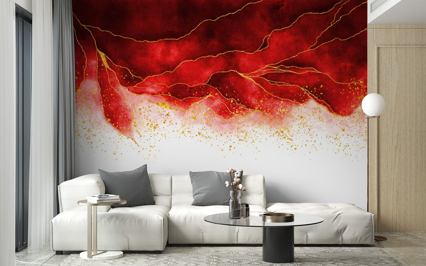 Red watercolor wallpaper mural with golden shiny border in living room.
