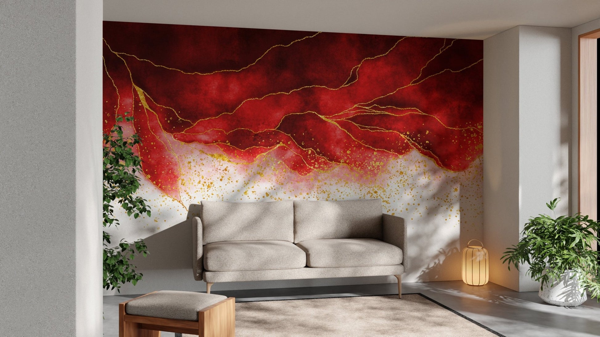 Minimalist living area featuring red and gold marble style wall mural.