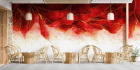 Restaurant interior featuring gold veined red watercolor wall mural.