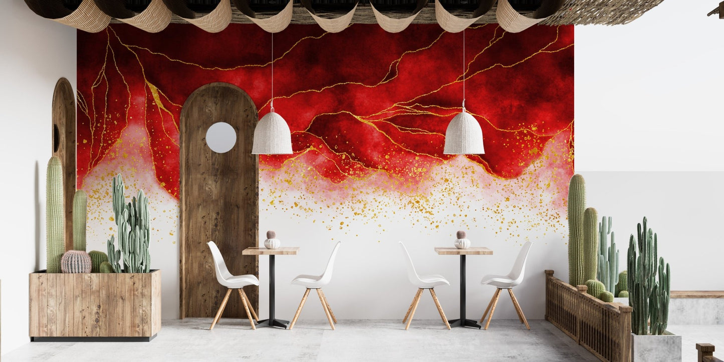 Cafe seating area decorated with red abstract watercolor wall mural.