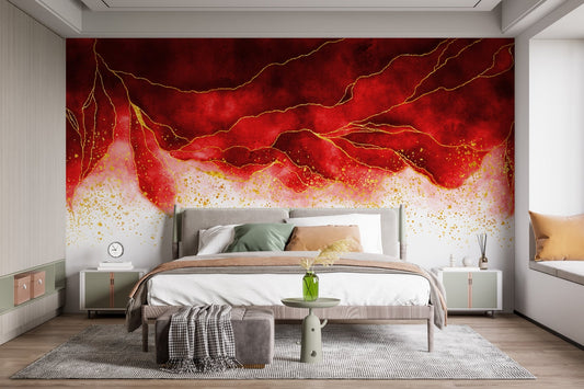 Modern bedroom with red watercolor golden shiny border wall mural.