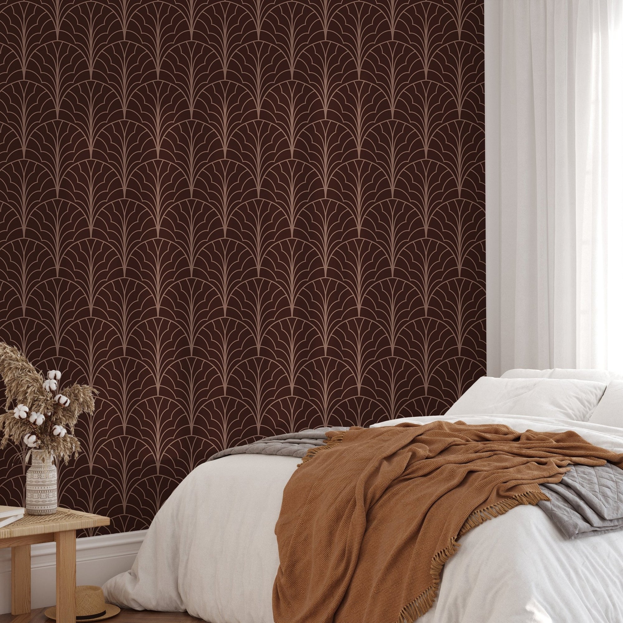 Sophisticated red wine modern art deco wallpaper for bedroom wall.