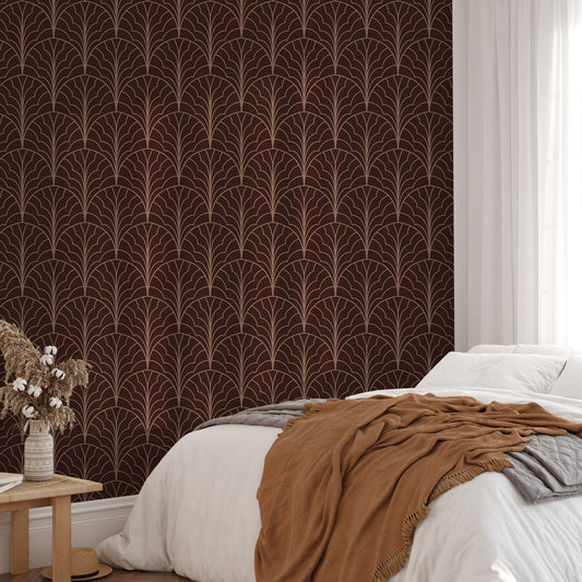 Sophisticated red wine modern art deco wallpaper for bedroom wall.