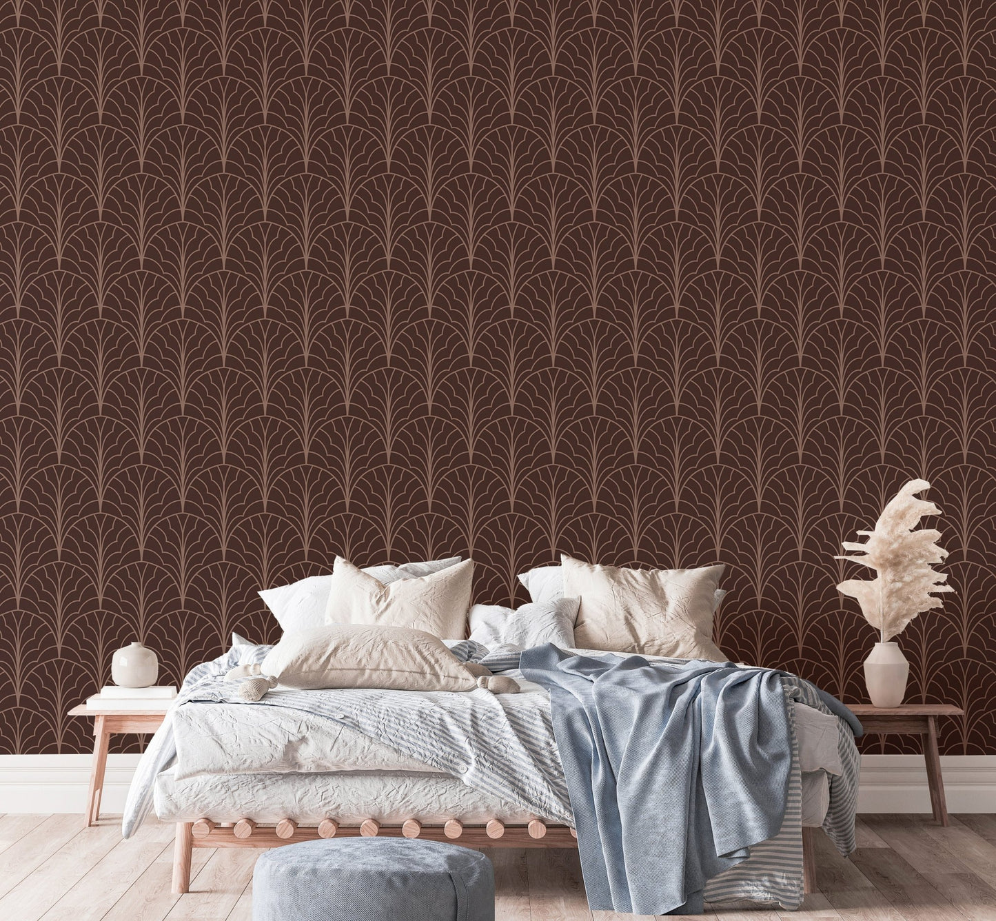Chic art deco wallpaper in striking red wine hue for bedroom backdrop.