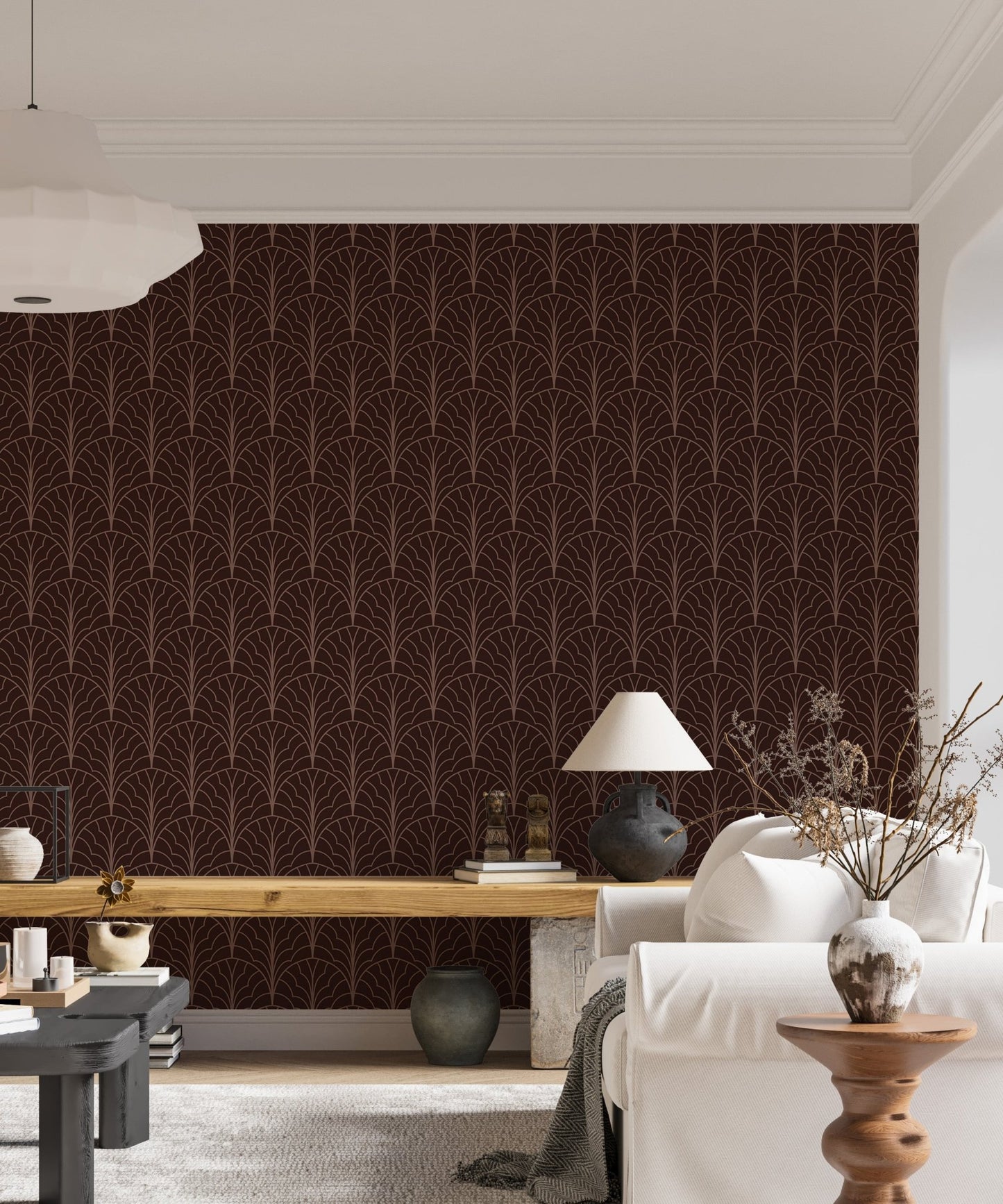 Contemporary art deco wallpaper with red accents in living area.