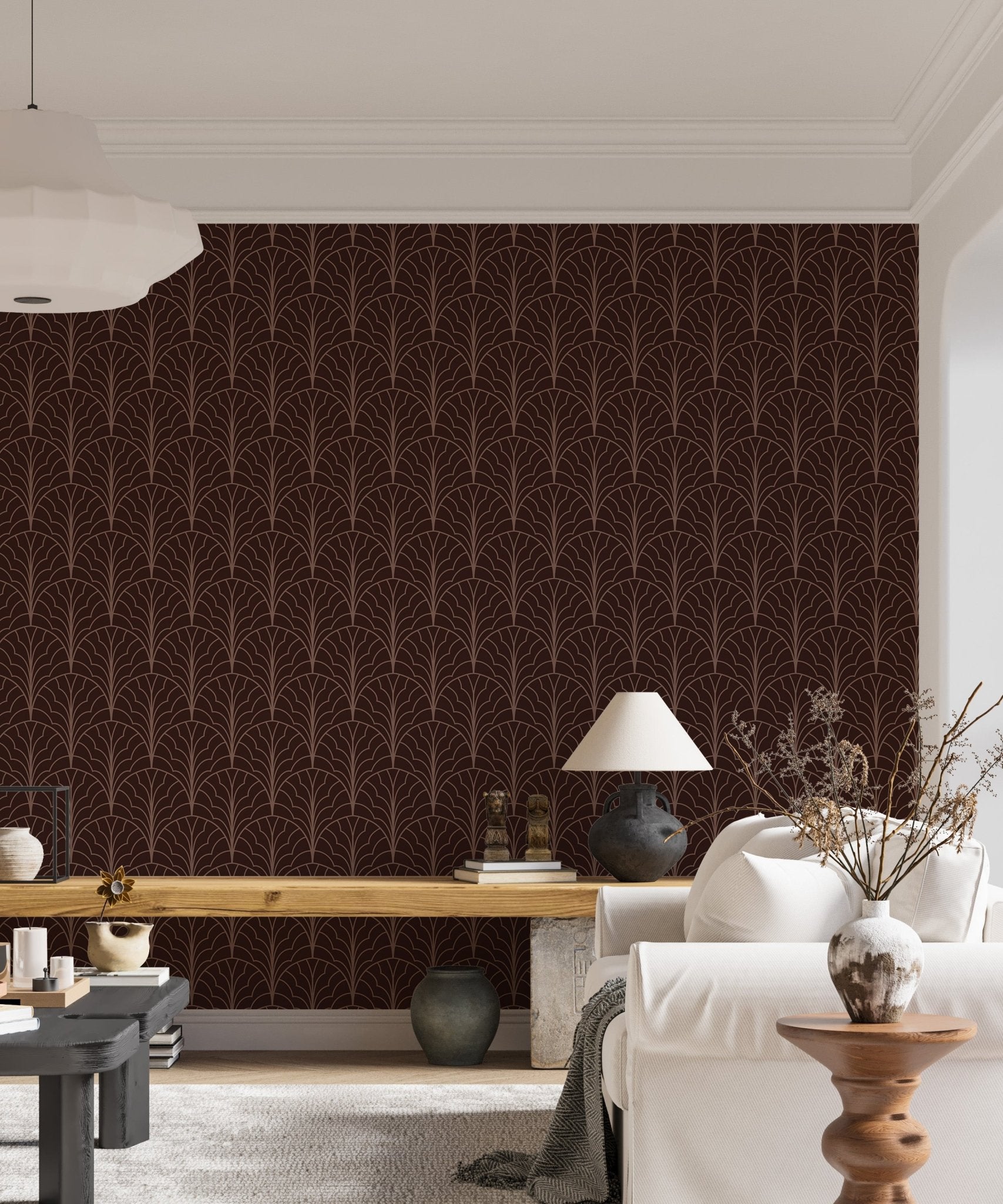 Contemporary art deco wallpaper with red accents in living area.