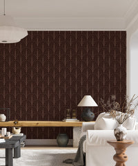 Contemporary art deco wallpaper with red accents in living area.