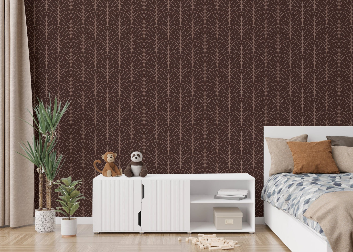 Luxurious art deco wallpaper in bold red wine tone in bedroom.