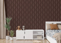 Luxurious art deco wallpaper in bold red wine tone in bedroom.