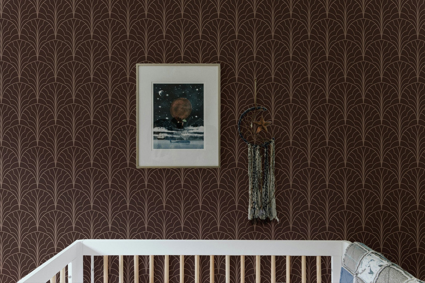 Stylish home interior with red wine color art deco modern wallpaper.