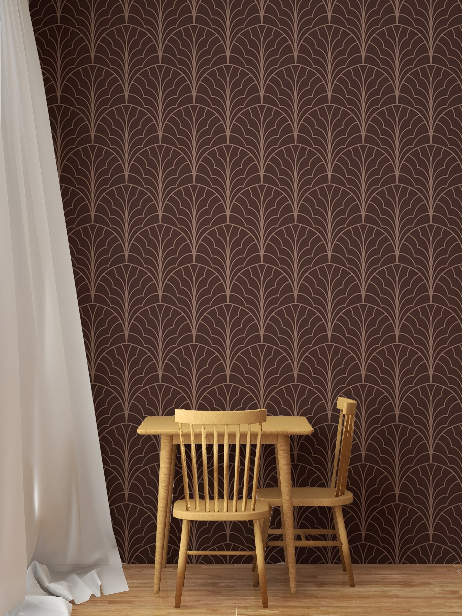 Elegant red art deco wallpaper with modern patterns in study area.