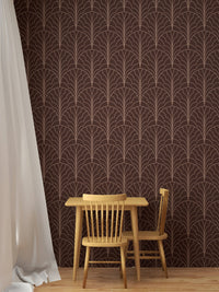 Elegant red art deco wallpaper with modern patterns in study area.