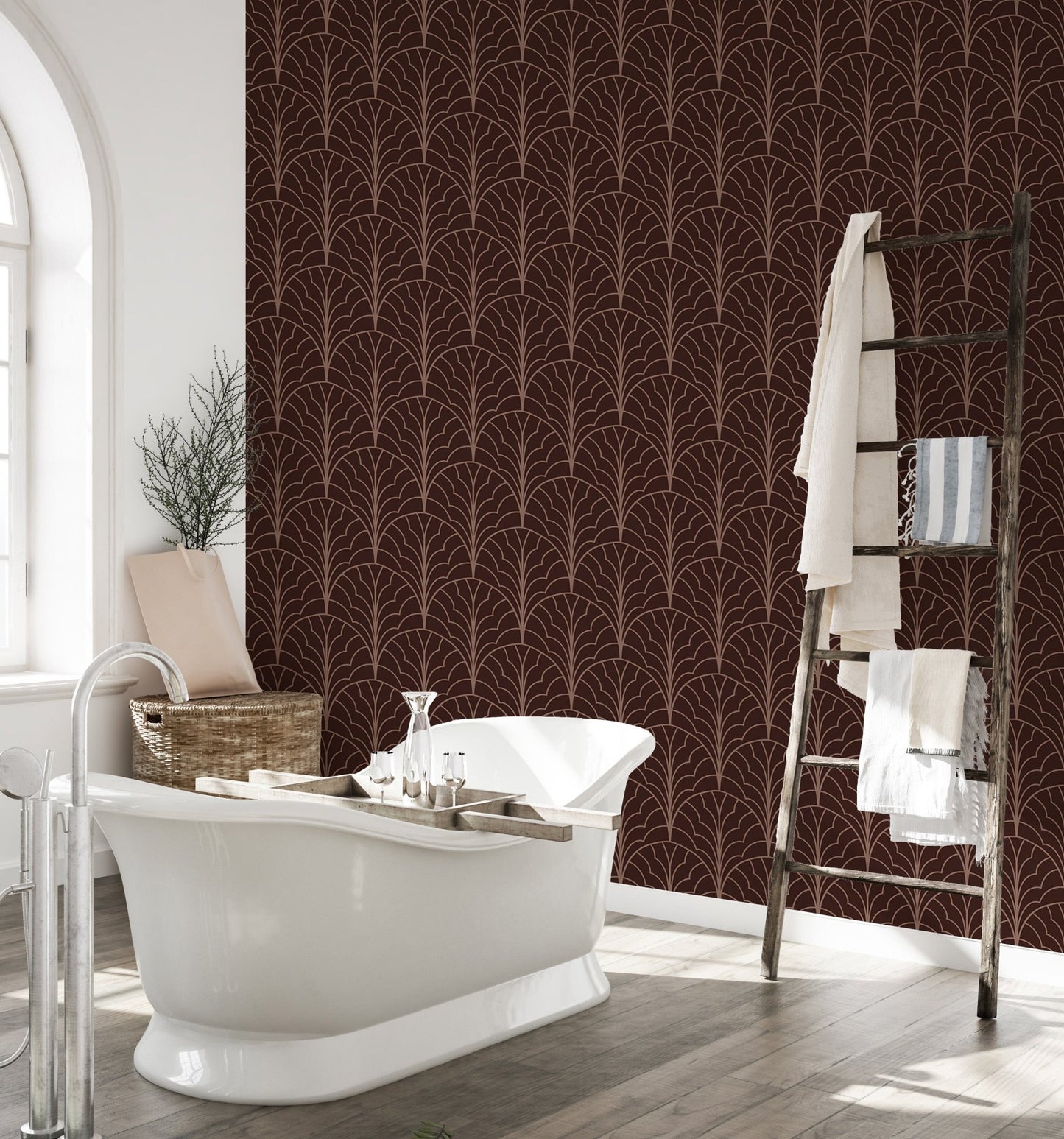 Stylish red wine color wallpaper for bathroom wall with deco patterns