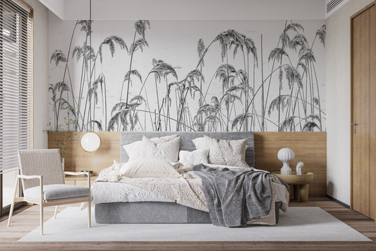 Reed Field Wall Mural in a minimalist bedroom with wooden headboard.